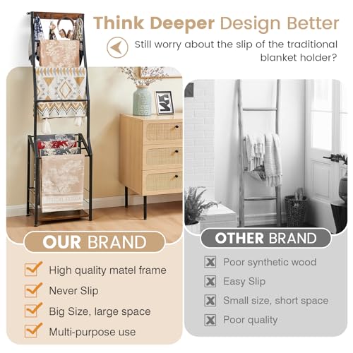 7-Tier Blanket Ladder Shelf with Hooks, Rustic Wooden Towel Rack for Storage