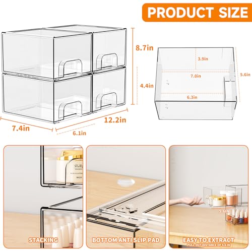 Yieach 4 Pack Clear Stackable Acrylic Storage Drawers 4.4'' Tall - Multi-Purpose Organizer