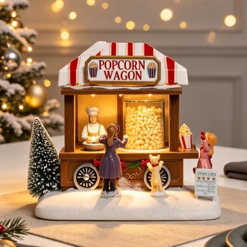 Christmas Village House with Animated Popcorn Wagon Light & Music - Holiday Decor
