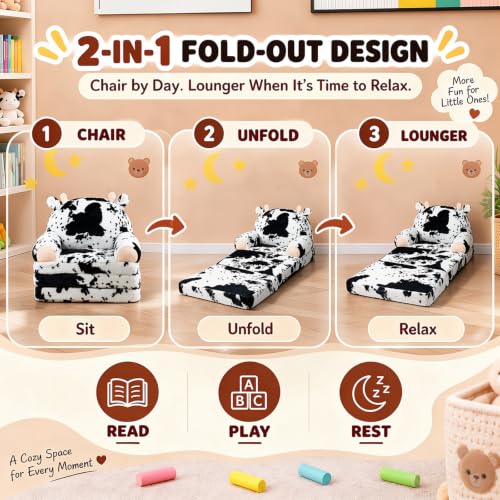 QIUODO Cow Toddler Couch Chair 2-in-1 Foldable Kids Sofa, Soft Plush Play Seat