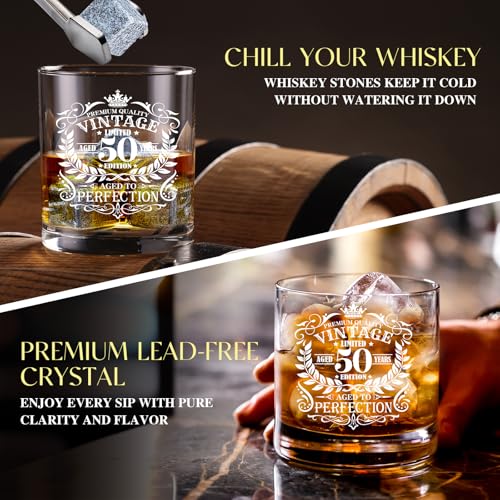 50th Birthday Gift Set for Men Whiskey Glass & Accessories - 11 Oz, Humor & Fun