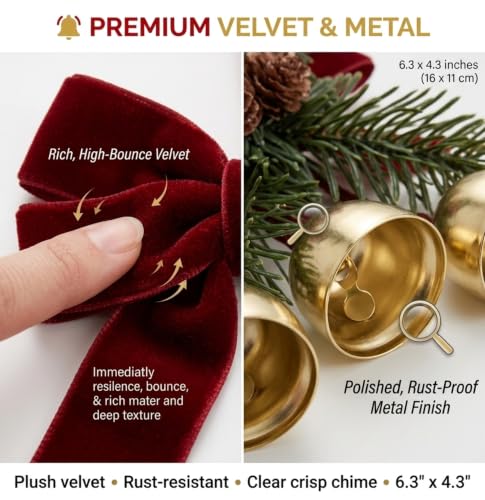 Tikneyoli 4-Piece Red Velvet Christmas Bells Decor with Jingle Bells - Door/Hanging Ornaments