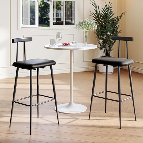 Industrial Matte Black Bar Stools with PU Cushioned Seat - Set of 2