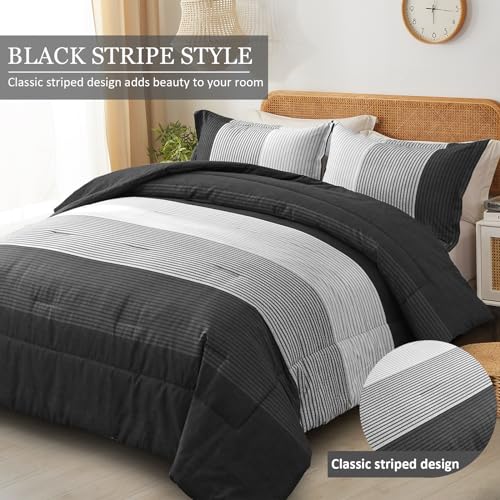 Black Comforter Set Full Size - Reversible Stripe Design, 3 Pieces