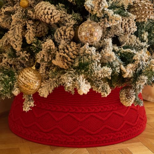Noiclub Red Cable Knit Christmas Tree Collar, Fits 23-30 Inches