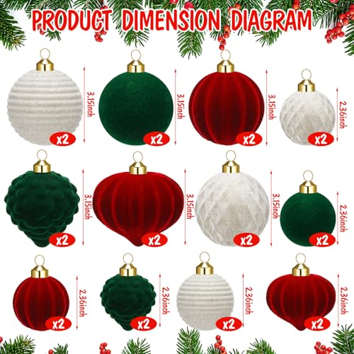 24 Pack Velvet Christmas Ornaments - Flocked Holiday Ball Decor in Cream, Green, Red