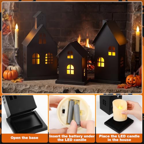 3-Piece Halloween Haunted House Village Set with LED Candles, Black Iron