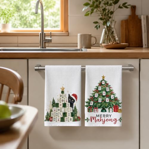 Santa Cat Mahjong Kitchen Towels Set of 2 - Christmas Dish Hand Towels 16 x 24 Inches