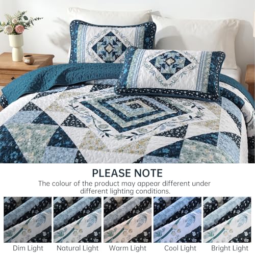 King Size Patchwork Quilt Set, Navy Blue Floral Bedspread - 3 Pieces
