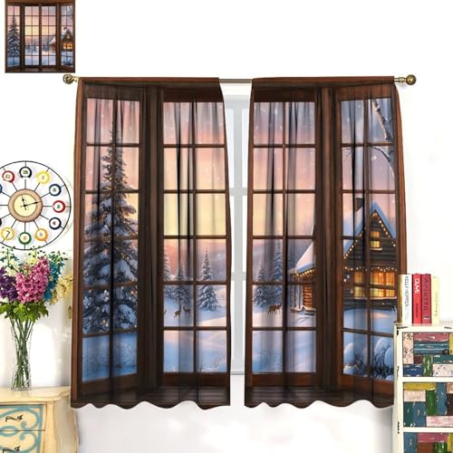Snowy Christmas Landscape Curtains Pack of 2 - Rustic Winter Forest Scene, Blackout Window Treatments, 21" W x 45" L