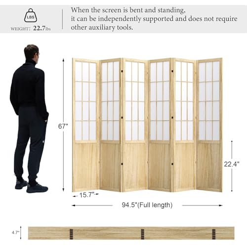 6-Panel Japanese Shoji Wood Room Divider Folding Privacy Screen 67-Inch