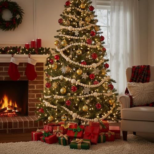 12-Foot Wooden Bead Garland, Rustic Farmhouse Christmas Tree Decoration