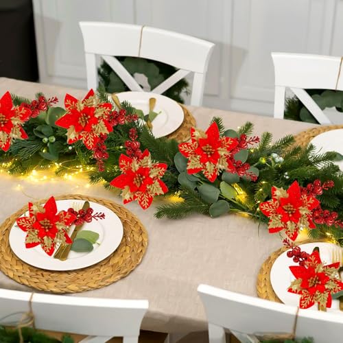 Trytuny 50pcs Glitter Poinsettia Ornaments with Clips Red - DIY Wreath & Christmas Tree Flowers