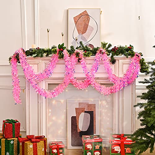 20ft Pink Iridescent Christmas Tinsel Garland with Star Accents