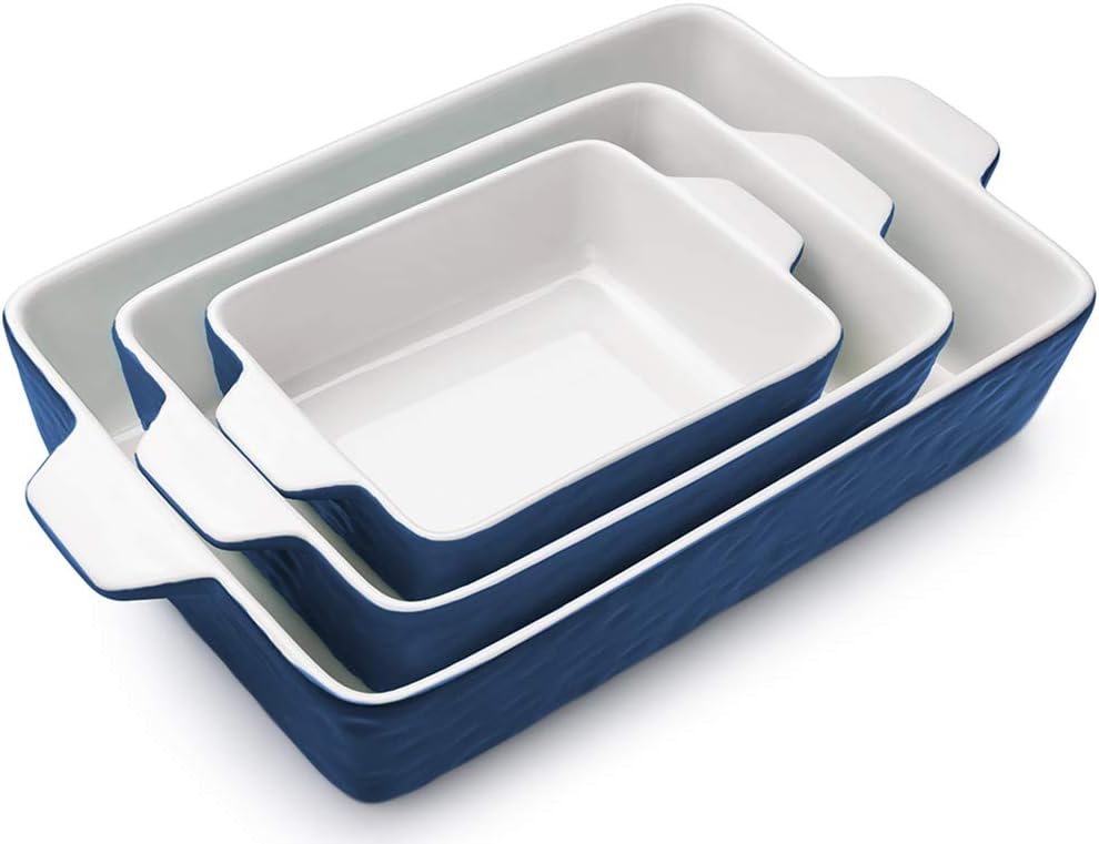 Regine Switzerland Casserole Dishes - Ceramic Baking Pan Set of 3 | Deep Lasagna Dish with Handles (11.6" x 7.8", Dark Blue)