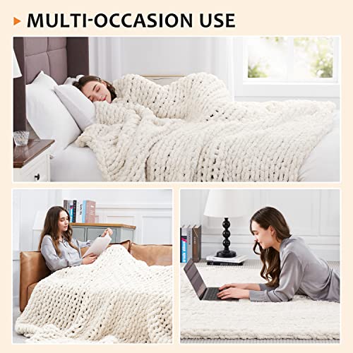L'AGRATY Chunky Knit Throw Blanket 50" x 60" - Soft Handmade Chenille (Ivory)