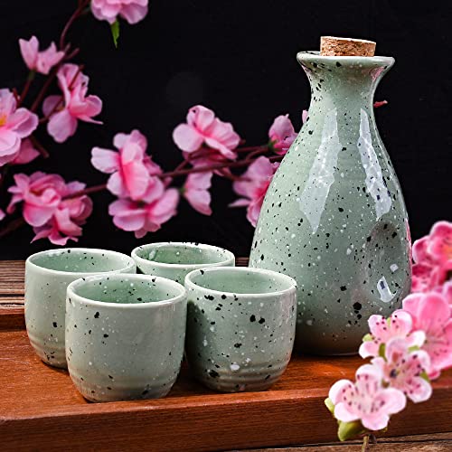 Large Cyan Ceramic Sake Set with Cork Stopper - Moss Green Speckled Drinkingware