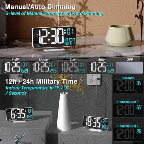 6.7" Digital LED Desk Alarm Clock with Temperature, Date & Dimmer