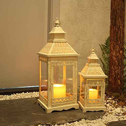 NEEDOMO Beige Outdoor Lanterns - Set of 2 Large Square Candle Lanterns (21" + 15"), Indoor/Outdoor