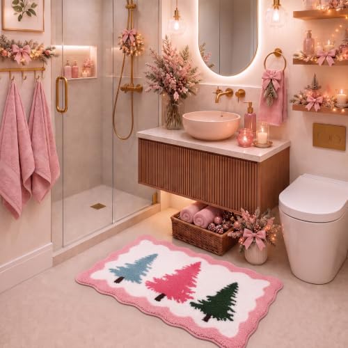 Dunzy Pastel Christmas Tree Bath Rug Non-Slip Microfiber 31.5x19.7in Holiday Decor