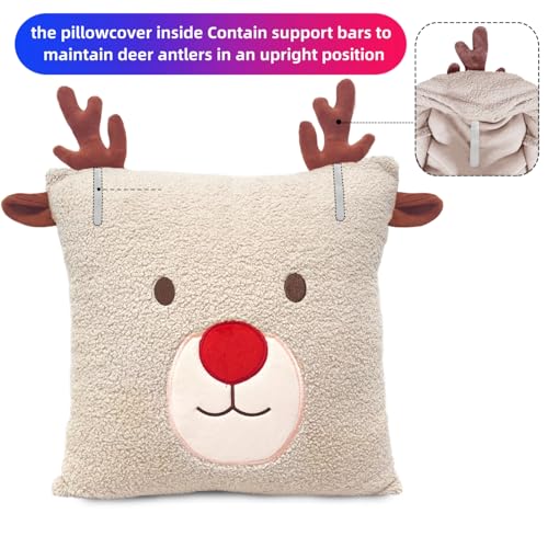 BirdNest Reindeer Christmas Throw Pillow Covers 18x18 inch Set of 2 Christmas Decoration Throw Pillows 3D Embroidery Deer Pillowcases Xmas Decorations for Sofa Couch (Khaki)