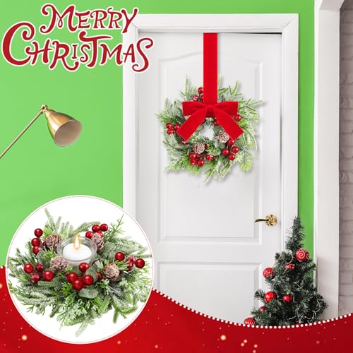 Dingion 4-Pack Mini Christmas Kitchen Cabinet Wreaths with Pine Berries Snowy Decor