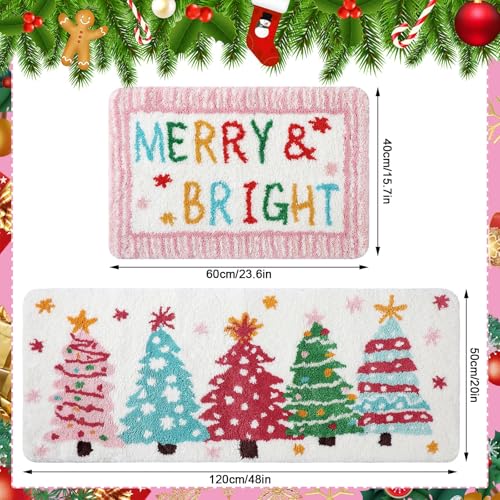Pink Christmas Tree Bathroom Mat Set - 2 Piece Holiday Rug Decor - Christmas Tree Variation