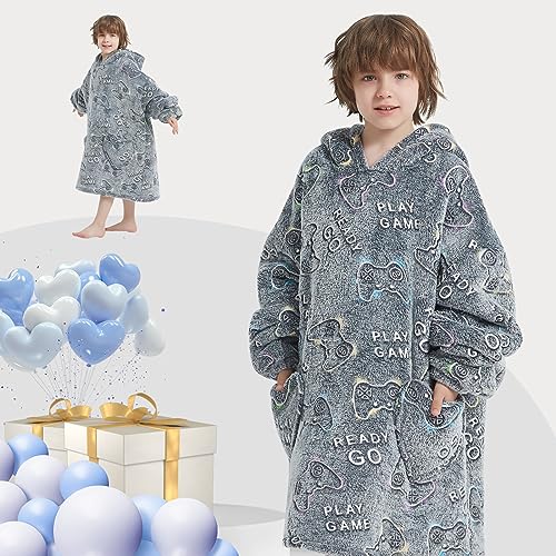Kids Wearable Blanket Hoodie Oversized Sherpa Sleepwear for Boys Girls Teens 6-13YR, Glow in The Dark Game Controller Design - Mewkou
