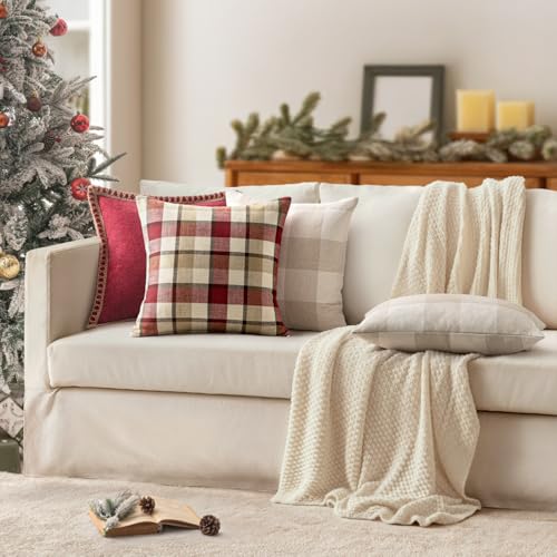 MIULEE Christmas Plaid Pillow Covers 18x18 Inches Pack of 2 Red & Tan Holiday Decor