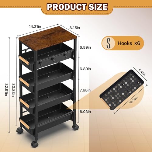 5-Tier Slim Storage Cart with Wheels & Wooden Top, Narrow Utility Cart