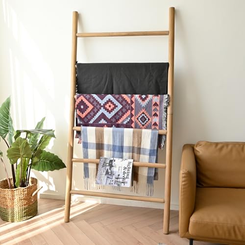 FUIN Rustic Wooden Blanket Ladder - 38in Wide, 6.4ft Tall, Knock Down Design
