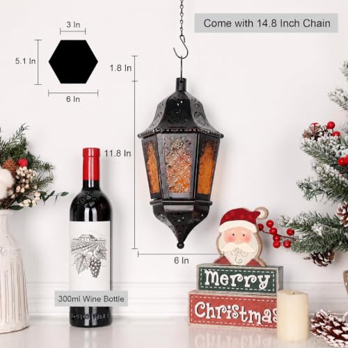 Moroccan Hanging Candle Lantern with Chain - 13.6" Amber Glass Decor