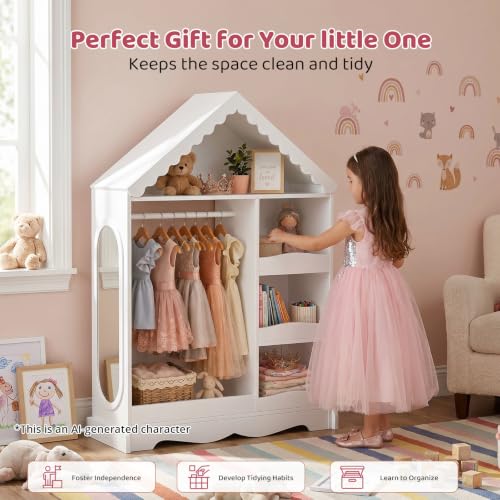 Kids Wardrobe Closet with Mirror, Hanging Rod & Storage Shelves (White)