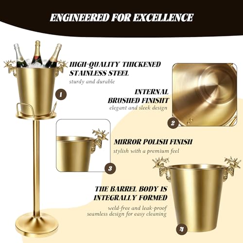 TOSELBAI Champagne & Ice Bucket Set with Stand - Large 5L Gold Stainless Steel, Includes Tongs & Scoop (2 Pack)
