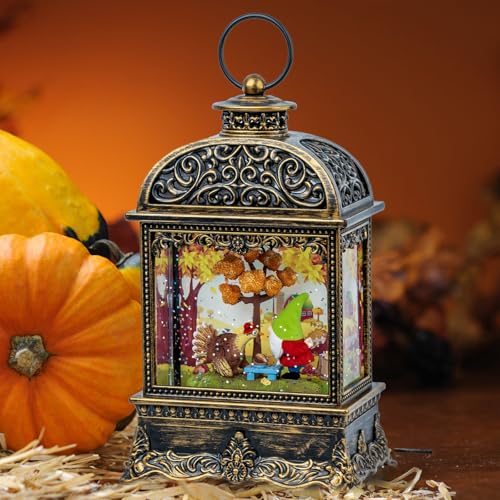 Fall Gnome Snow Globe Lantern with Swirling Glitter - Lighted Thanksgiving Decor