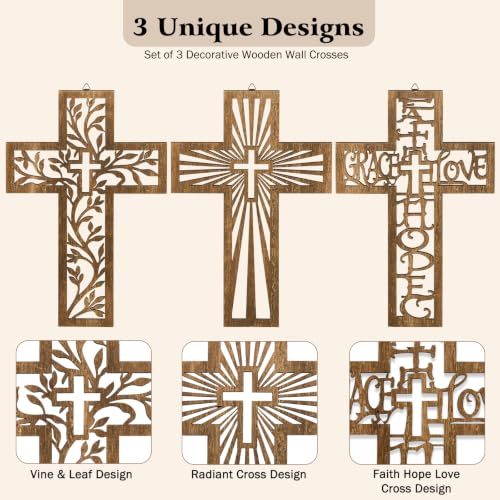 3-Piece Wooden Cross Wall Decor Set, 12-Inch Decorative Christian Wall Art