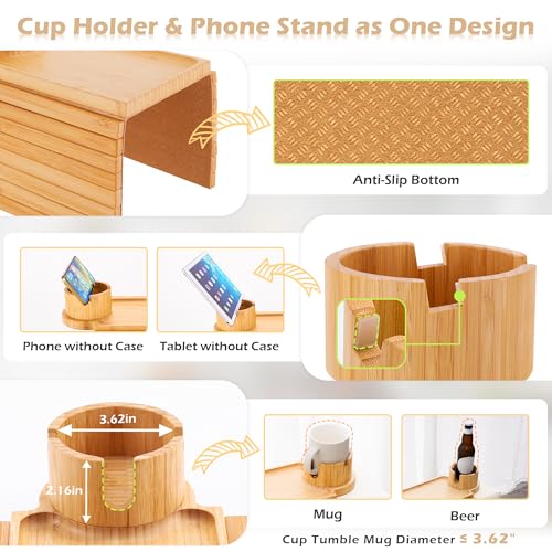 Bamboo Couch Arm Tray with 360° Rotating Cup Holder and Phone Stand