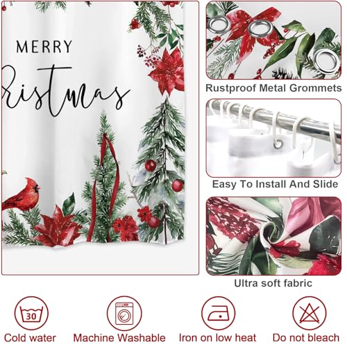 Baccessor Merry Christmas Shower Curtain 72x72 In - Winter Poinsettia & Cardinals Design, Waterproof Polyester