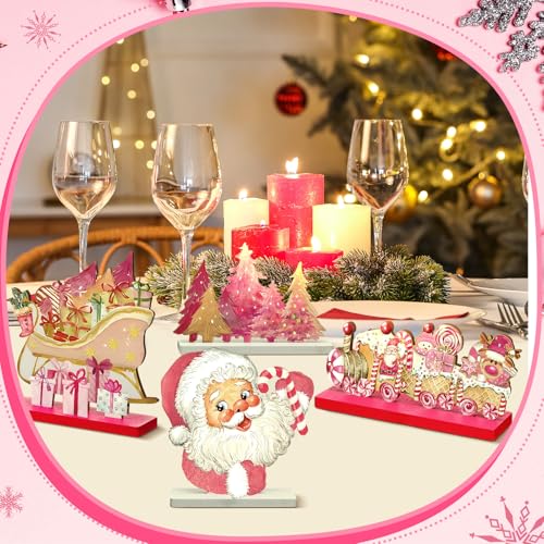 Pink Wooden Christmas Centerpieces - Set of 6 Holiday Table Decorations