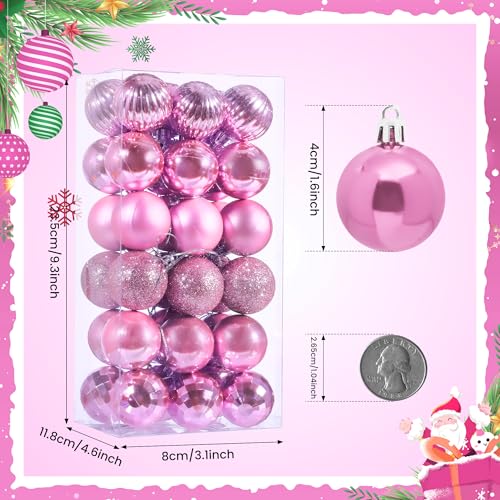 Glavatrix Pink 36-Piece 1.6in Shatterproof Christmas Ball Ornaments - Matte/Gloss/Striped, with Hooks