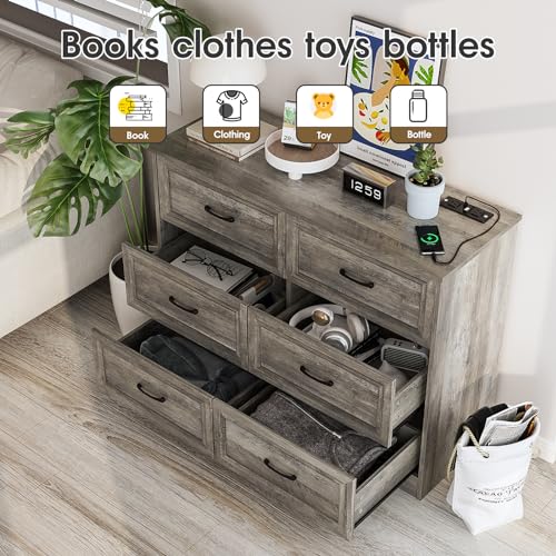 6-Drawer Wood Dresser with Charging Station, Ash Grey Bedroom Organizer