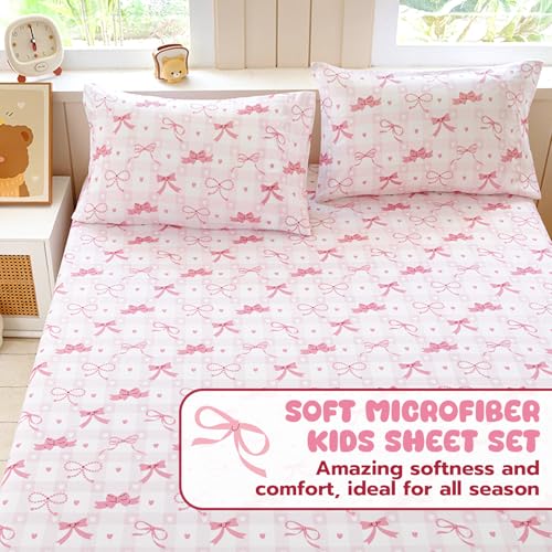 Twin Sheet Set Kids 3-Piece Pink Check Microfiber Bedding with Deep Pocket