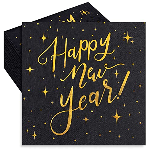 Whaline Black Gold Happy New Year Paper Napkins, 80 Pcs - Disposable Dinner Napkins