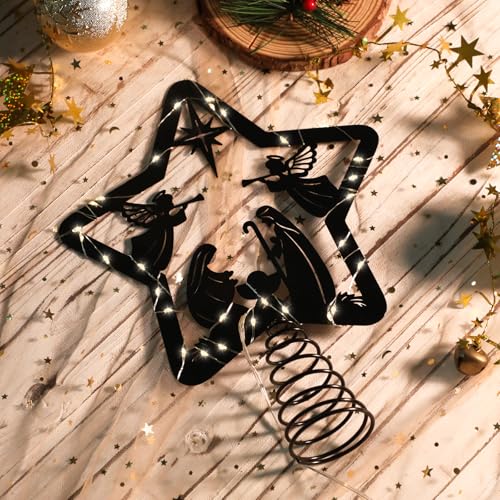 Nativity Scene Christmas Tree Topper with Warm Lights & Timer - Star Decorations
