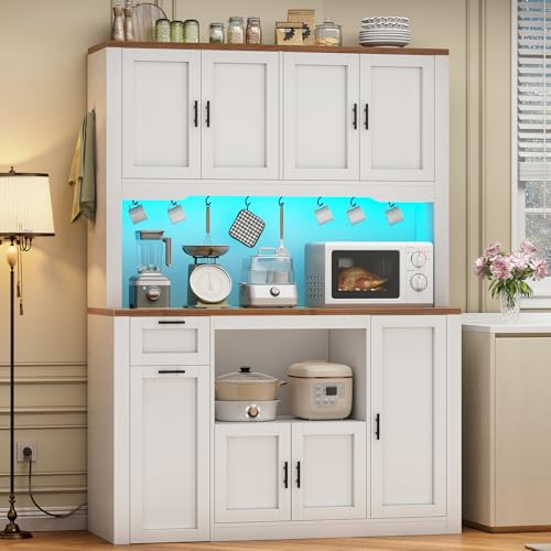 71" Kitchen Pantry Cabinet with Microwave Stand, Charging Station & LED Light