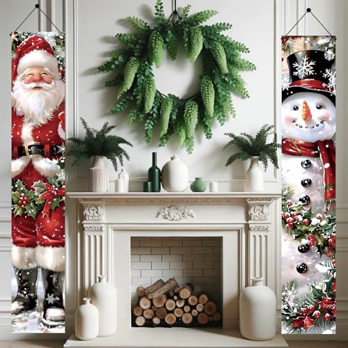 Saoplasa 2PCS Christmas Porch Banner Decorations Santa and Snowman Outdoor Sign 71x12 Inch Holiday Front Door Decor