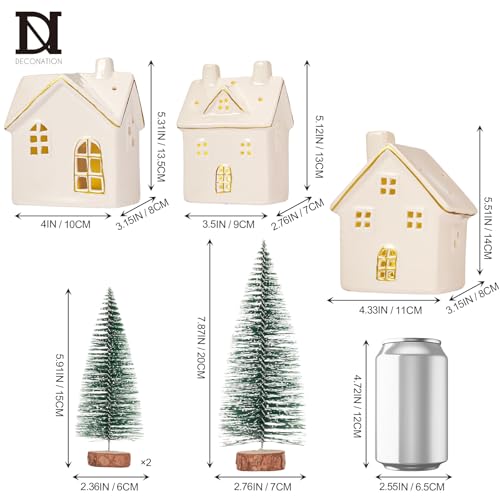 DN DECONATION 6PCS Christmas Village Houses Decorations Set, Light Up White & Gold Ceramic Houses and Frosted Christmas Trees, Small House Village Set with Lights for Tabletop Winter Xmas Decor Town