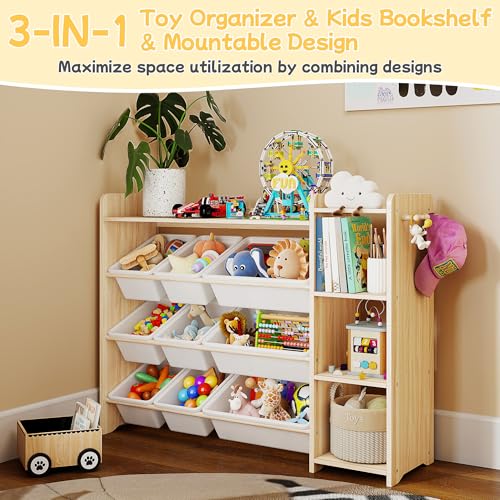 Kids Toy Storage Organizer with 9 Bins and 3-Tier Wooden Shelves