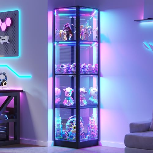 68-Inch Corner Display Cabinet with RGB Lights and Glass Doors
