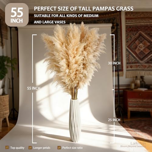 55-Inch Tall Dried Pampas Grass – 15-Piece Fluffy Floral Bouquet for Boho Decor